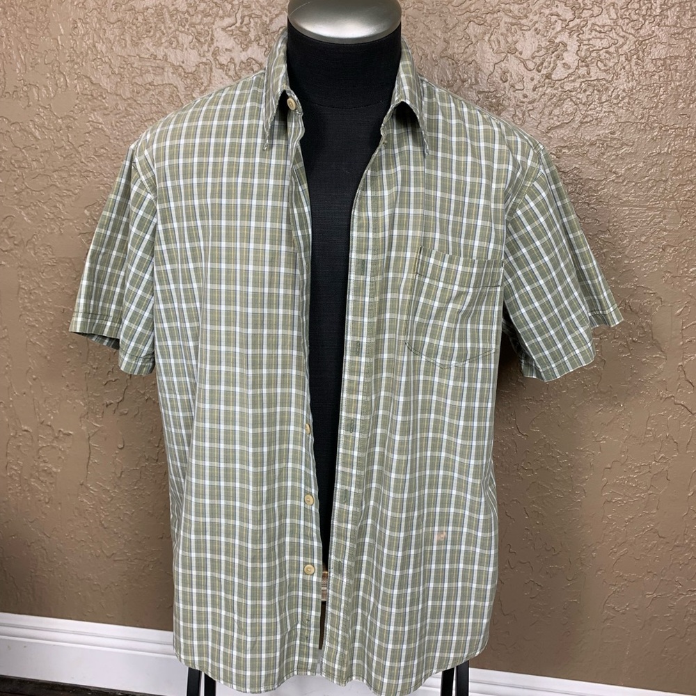 BASS olive green plaid short sleeve button down